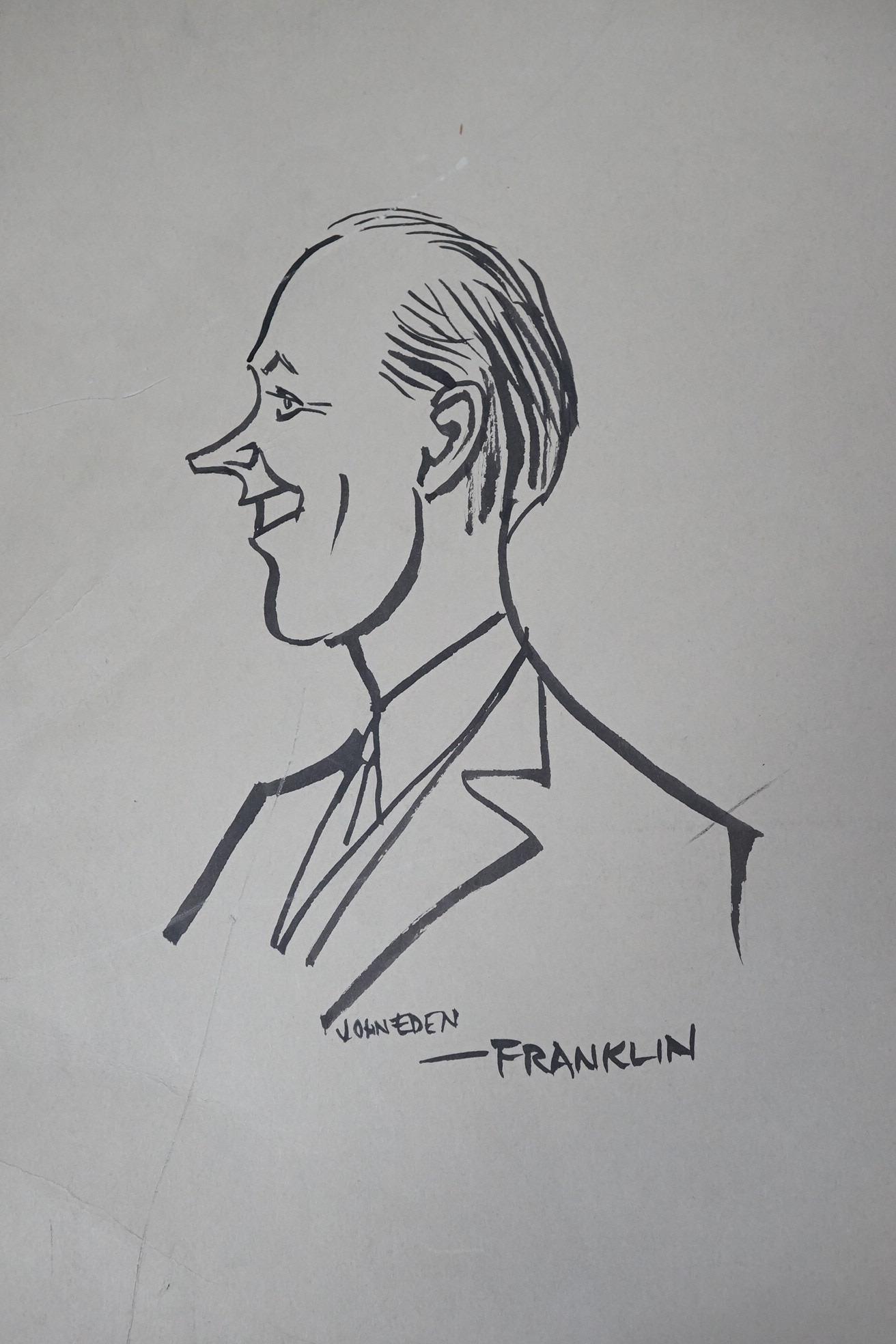 Stanley Arthur Franklin (1930-2004), ten unframed original works on paper, cartoon portraits to include Quintin Hogg, Crossman and Silverman, each signed, 54 x 32cm